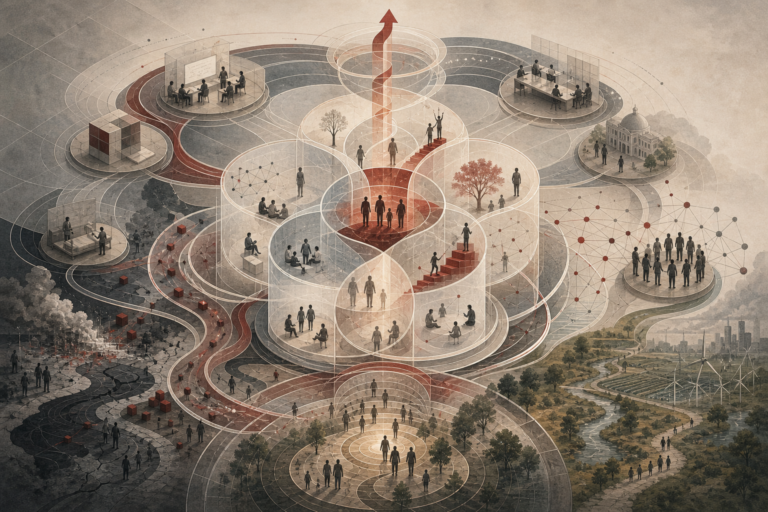 Editorial scientific illustration of positive psychology as a flourishing systems architecture, showing well-being, resilience, meaning, hope, relationships, public health, education, work, institutions, social trust, recovery, and sustainable development.