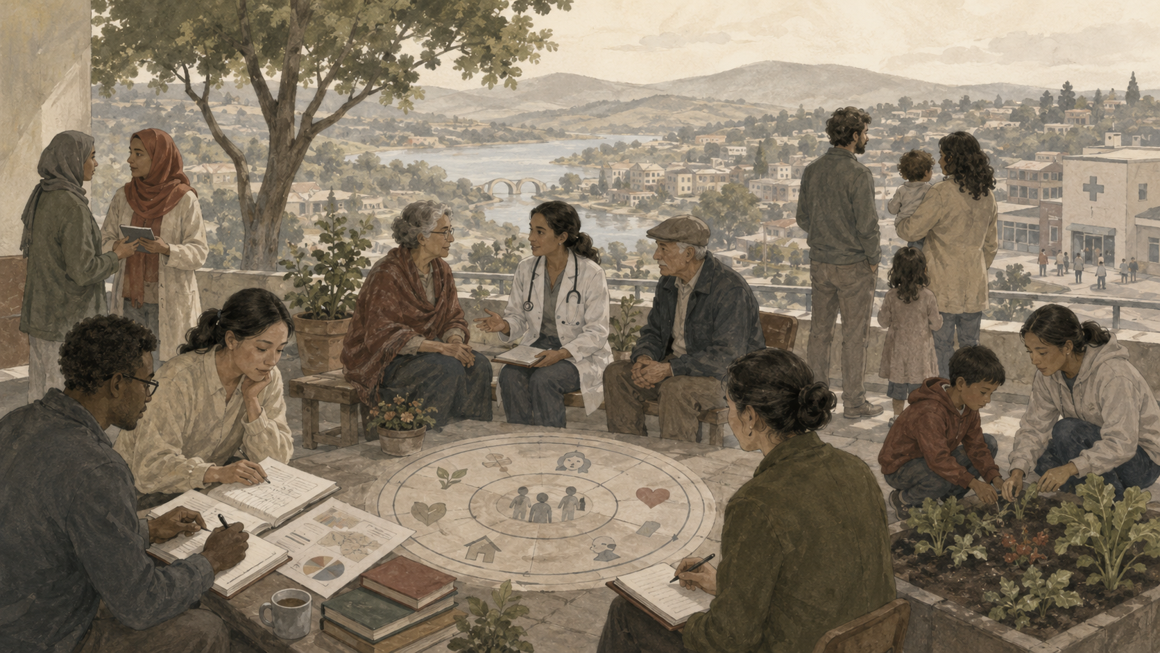 Restrained institutional illustration of public health workers, families, elders, and researchers gathered in a community health setting, symbolizing well-being, resilience, and population health.