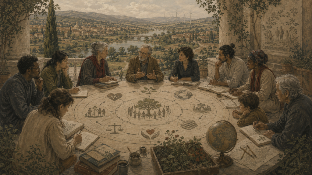 Restrained institutional illustration of an intergenerational group gathered around a circular sustainability diagram, linking well-being, community, ecology, and human flourishing in a finite world.