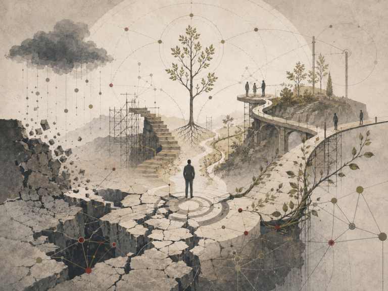Restrained academic illustration of a solitary figure standing on fractured ground, with repaired pathways, scaffolding, rooted trees, and social connection markers representing post-traumatic growth.