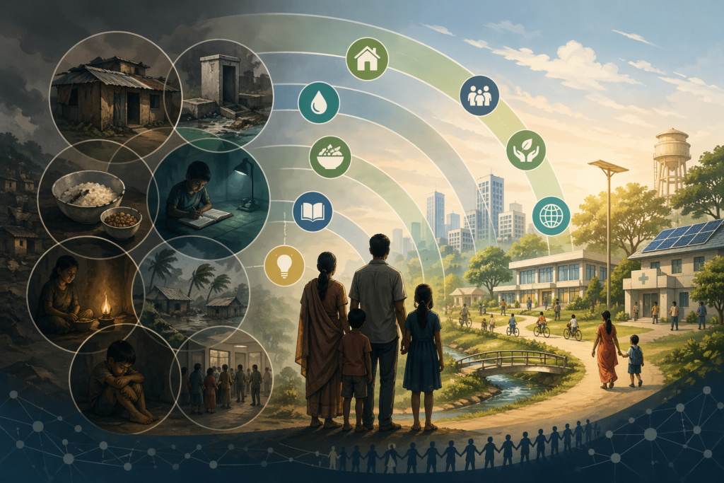 Editorial illustration of a family standing between overlapping zones of deprivation and a more supportive public-goods landscape, with visual cues for housing, sanitation, food, education, energy access, social inclusion, and human capability.