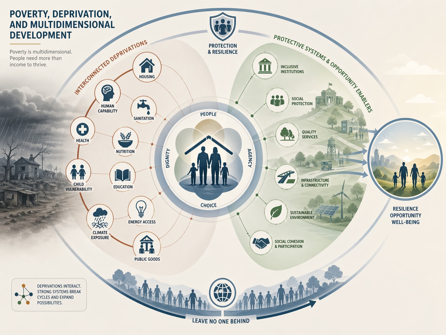 Infographic showing multidimensional poverty as interconnected deprivation across housing, sanitation, nutrition, education, health, energy access, child vulnerability, climate exposure, public goods, human capability, protection, resilience, and inclusive institutions.