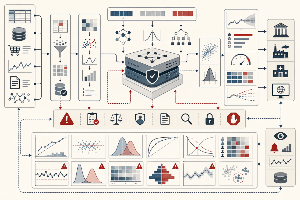 Conceptual machine-learning systems illustration showing predictive data inputs, model training, evaluation metrics, uncertainty, drift monitoring, risk controls, governance review, and deployment feedback loops.