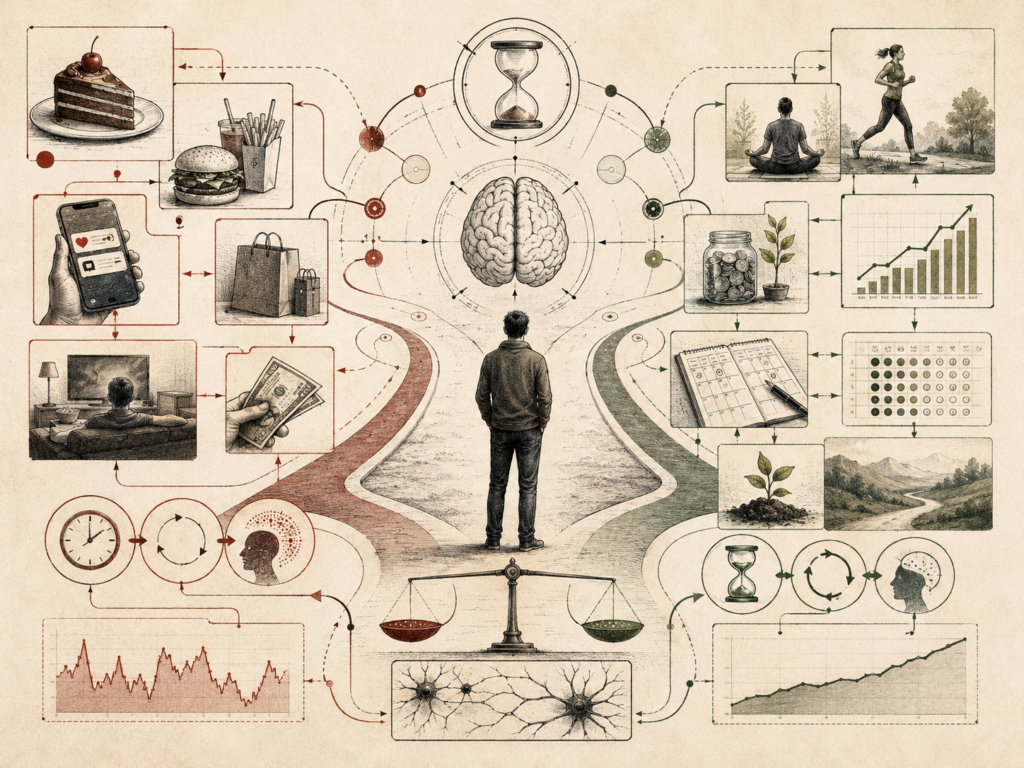 Editorial systems illustration showing present bias through immediate rewards, delayed goals, time pressure, temptation, savings, habit formation, self-control, and long-term decision pathways.