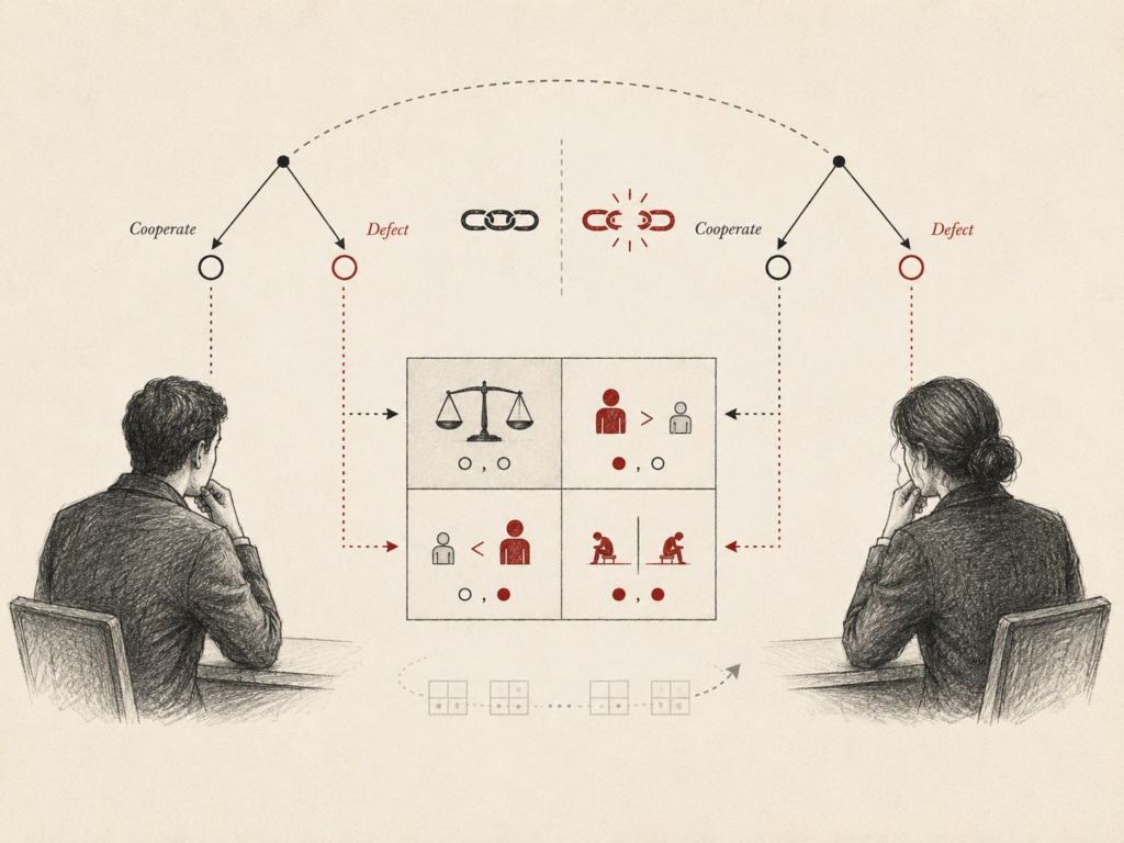 Minimal institutional research illustration showing two separated decision-makers facing simultaneous choices to cooperate or defect, with a central outcome matrix, trust and broken-trust symbols, and arrows showing strategic interdependence.
