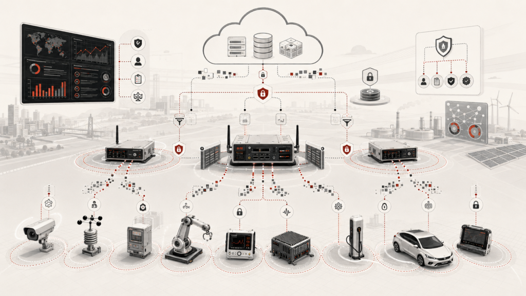 Secure edge computing architecture showing local data processing, protected devices, filtered data flows, and privacy controls before limited cloud transmission.