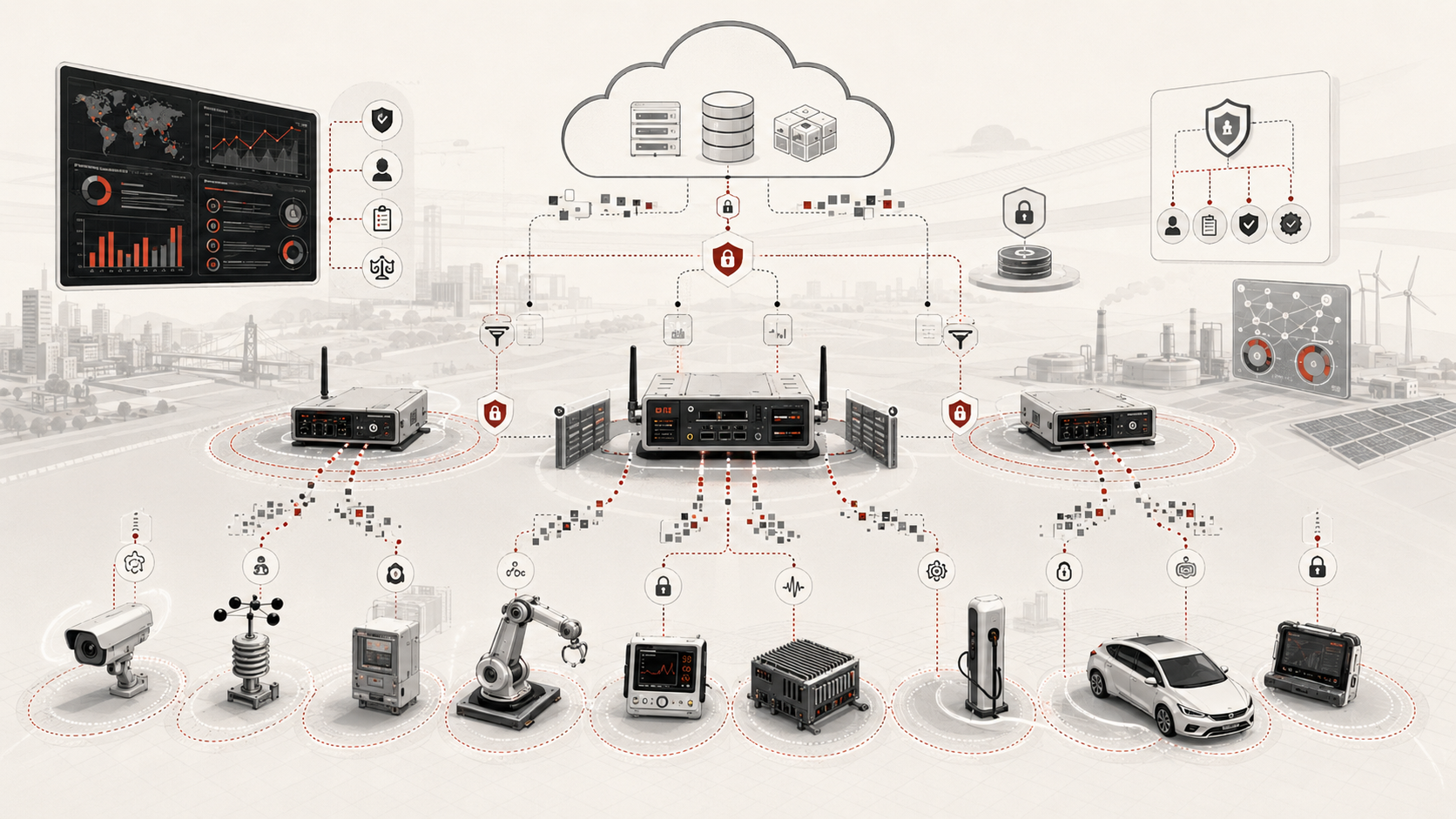 Secure edge computing architecture showing local data processing, protected devices, filtered data flows, and privacy controls before limited cloud transmission.