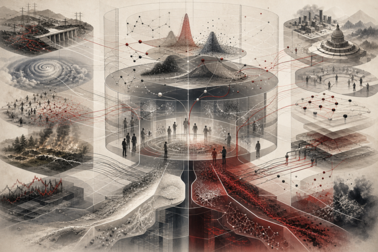 Editorial scientific illustration of probability for systems modeling as an uncertainty-and-risk architecture, showing probability fields, distribution-like structures, stochastic pathways, transition states, Monte Carlo simulation streams, rare-event zones, tail-risk shadows, reliability networks, climate uncertainty, epidemiological pathways, infrastructure risk, ecological disturbance, public-policy systems, and responsible uncertainty interpretation.