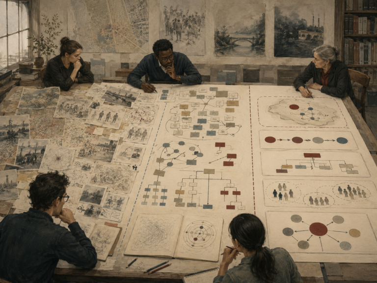 Analysts organize scattered evidence, stakeholder sketches, maps, diagrams, and structured problem maps on a large planning table.