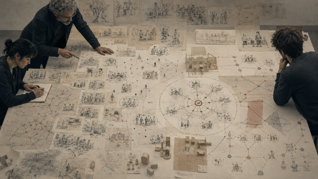 Editorial illustration of a design research table covered with field sketches, community observations, systems maps, clustered insights, boundary diagrams, and prototype models.