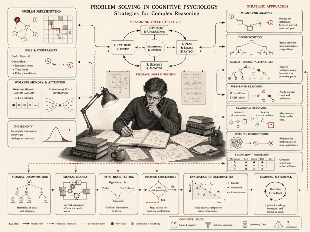 Research-grade cognitive psychology diagram showing complex problem solving through problem representation, goals, working memory, attention, uncertainty, reasoning cycles, strategy selection, decomposition, search, rule-based reasoning, analogical reasoning, insight, evaluation, and feedback.