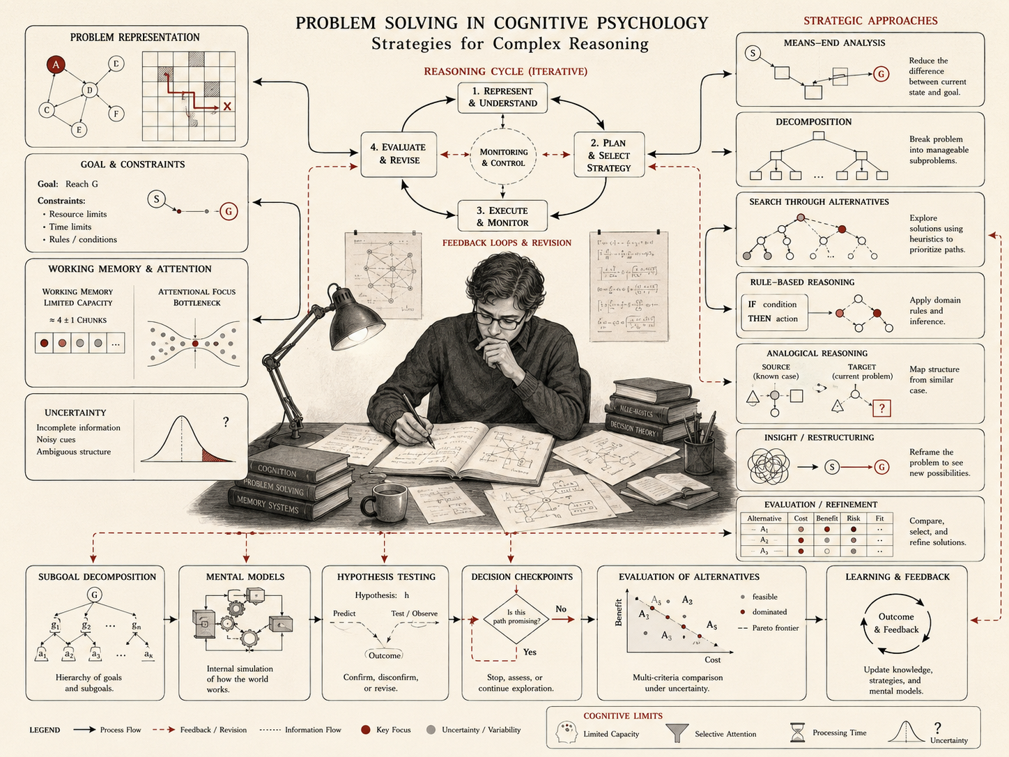 Research-grade cognitive psychology diagram showing complex problem solving through problem representation, goals, working memory, attention, uncertainty, reasoning cycles, strategy selection, decomposition, search, rule-based reasoning, analogical reasoning, insight, evaluation, and feedback.