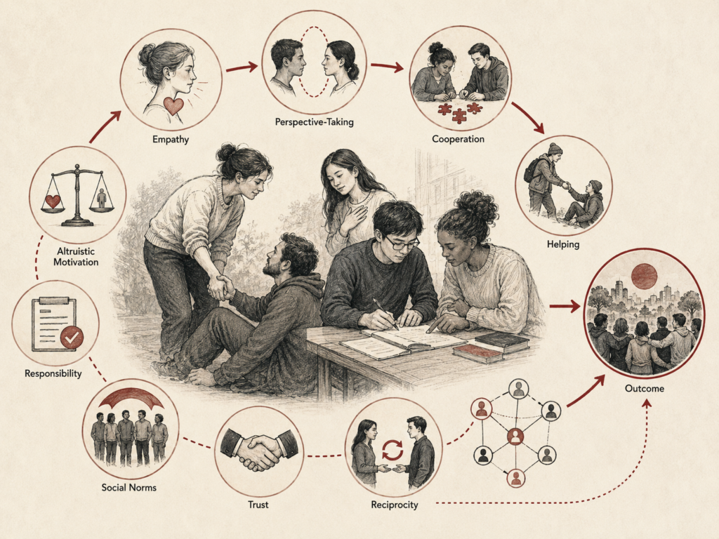 A restrained institutional research-grade illustration depicting prosocial behavior as a social-psychological process. A central helping and cooperation scene is surrounded by circular panels showing empathy, perspective-taking, cooperation, helping, altruistic motivation, responsibility, social norms, trust, reciprocity, network connection, and positive outcomes. The composition emphasizes how individual concern and social context interact to support care, collaboration, mutual aid, and collective wellbeing.