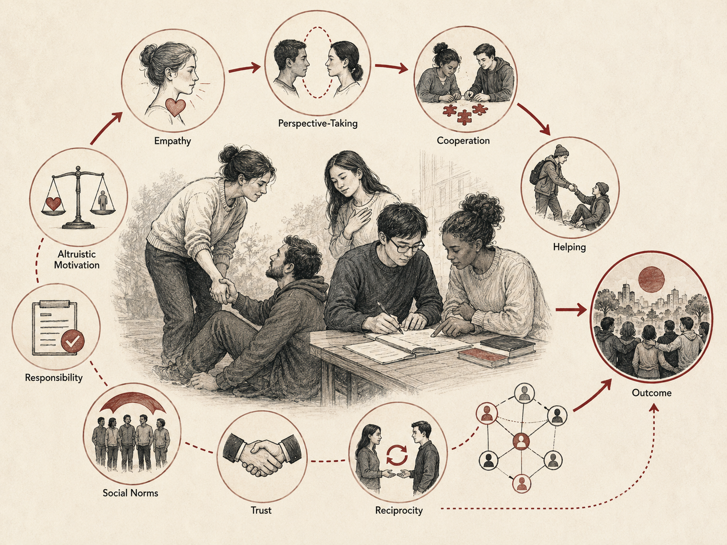 A restrained institutional research-grade illustration depicting prosocial behavior as a social-psychological process. A central helping and cooperation scene is surrounded by circular panels showing empathy, perspective-taking, cooperation, helping, altruistic motivation, responsibility, social norms, trust, reciprocity, network connection, and positive outcomes. The composition emphasizes how individual concern and social context interact to support care, collaboration, mutual aid, and collective wellbeing.
