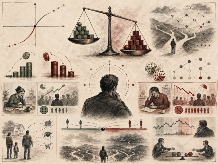 Editorial systems illustration showing prospect theory through gains and losses, probability weighting, risk perception, uncertainty, decision paths, emotional responses, and asymmetric valuation.