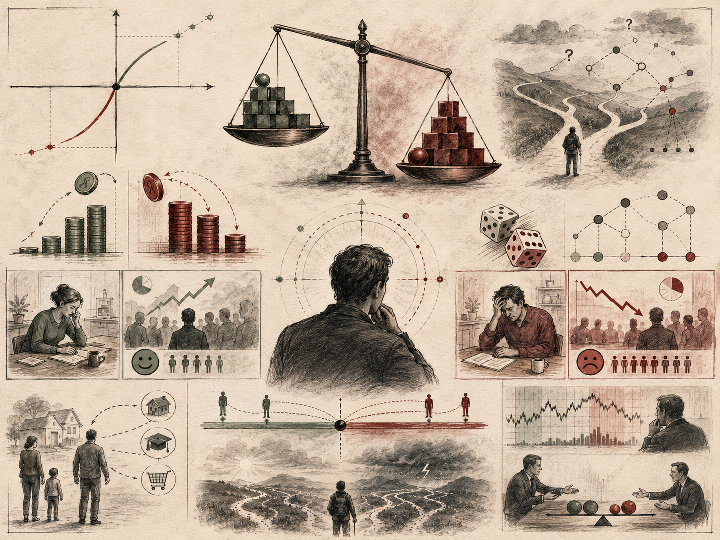 Editorial systems illustration showing prospect theory through gains and losses, probability weighting, risk perception, uncertainty, decision paths, emotional responses, and asymmetric valuation.