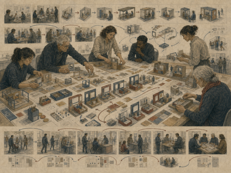 Designers and researchers arrange small prototype models, experience mockups, test sequences, and feedback loops on a large collaborative worktable.