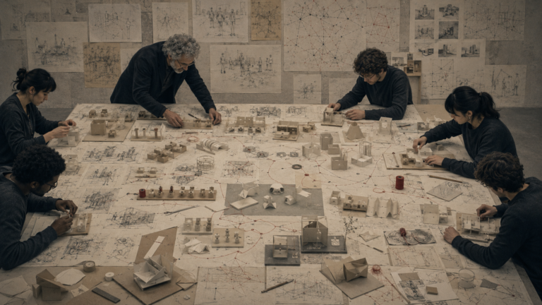 Editorial illustration of a design studio table covered with paper prototypes, model variations, sketches, tools, feedback paths, and iterative design diagrams.