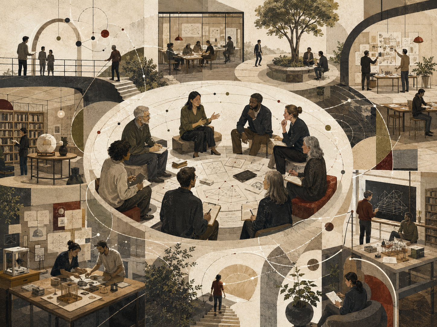Restrained institutional illustration of a collaborative team seated in an open circular workspace, surrounded by learning spaces, shared diagrams, archives, workshops, and network pathways.