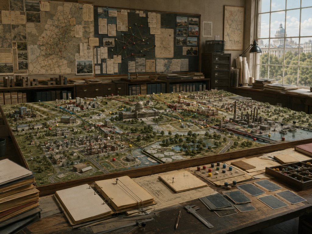 Institutional policy evidence room with a large community systems model showing neighborhoods, schools, clinics, transit routes, public buildings, housing, green space, industry, and linked policy pathways.