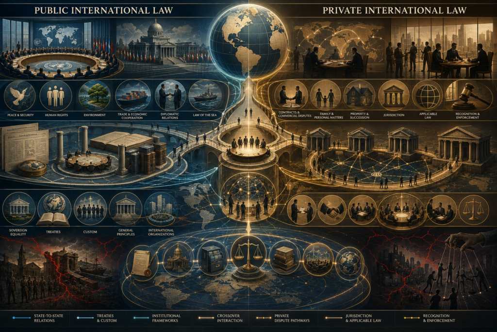 Abstract legal-studies illustration comparing public international law and private international law, showing state-centered legal order, international institutions, treaties, cross-border private disputes, jurisdiction, applicable law, recognition of judgments, arbitration, and global commerce.