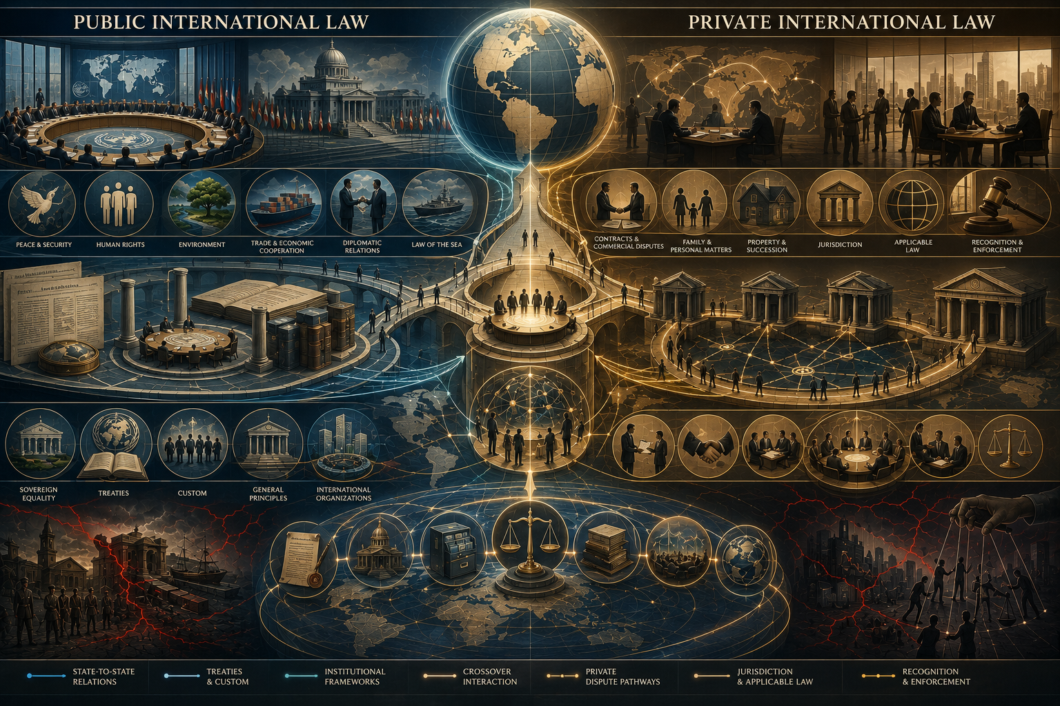 Abstract legal-studies illustration comparing public international law and private international law, showing state-centered legal order, international institutions, treaties, cross-border private disputes, jurisdiction, applicable law, recognition of judgments, arbitration, and global commerce.