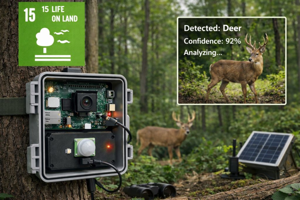 Raspberry Pi biodiversity camera trap with edge AI monitoring wildlife activity to support SDG 15 Life on Land.