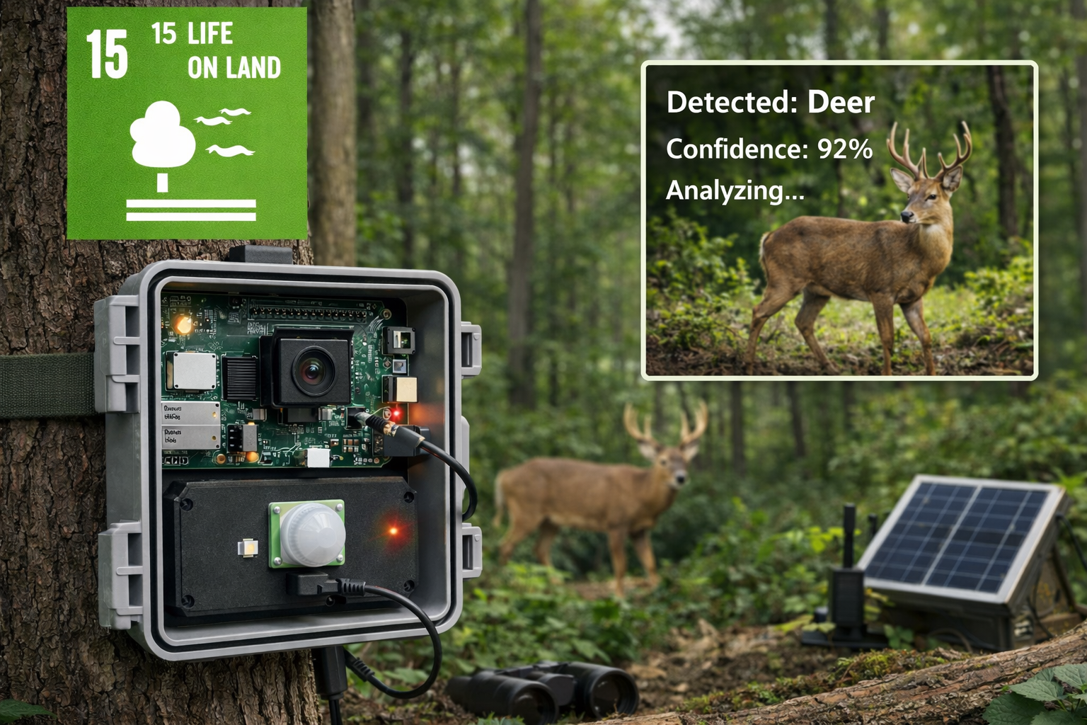 Raspberry Pi biodiversity camera trap with edge AI monitoring wildlife activity to support SDG 15 Life on Land.