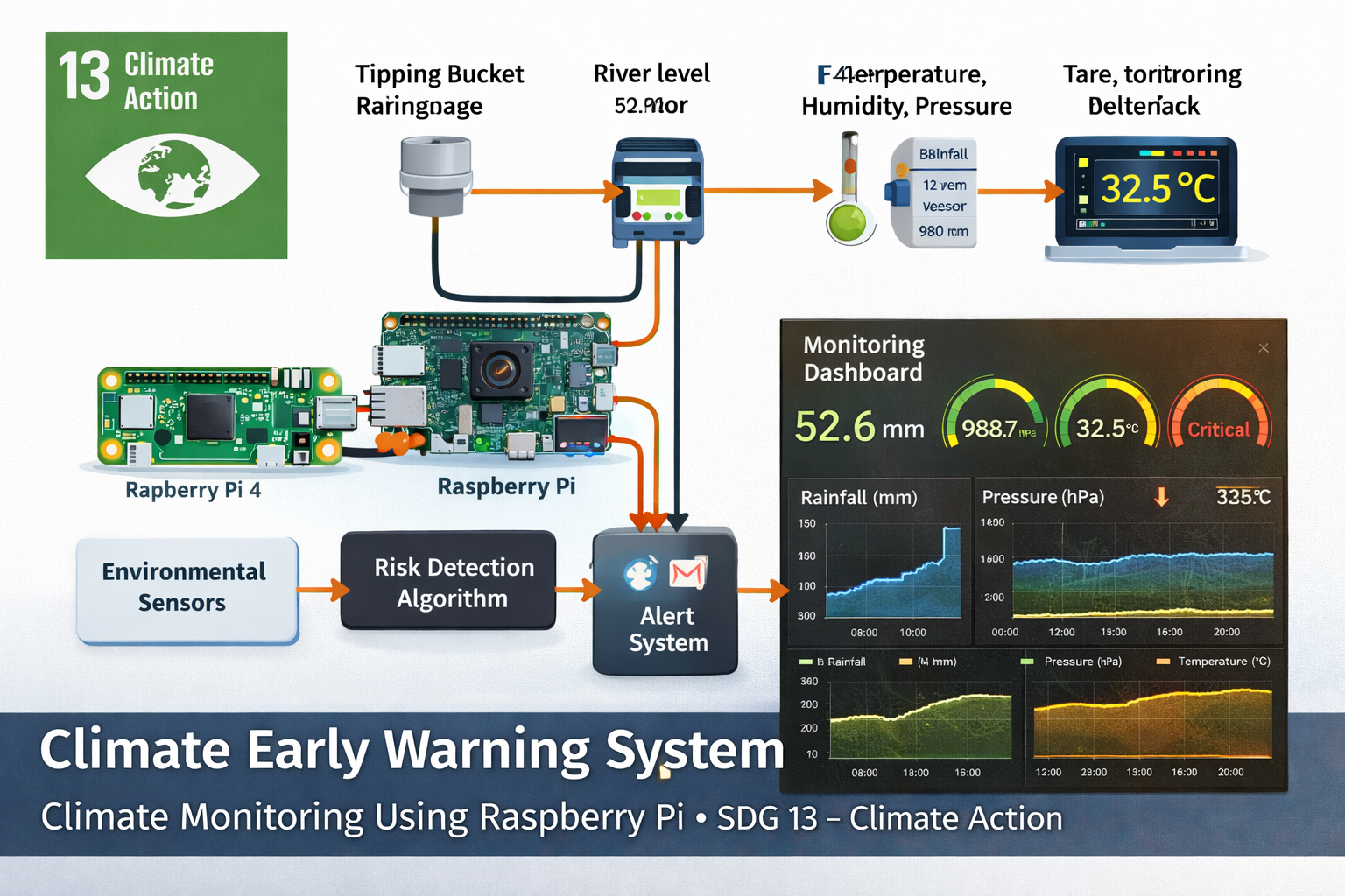 Raspberry Pi climate early warning system monitoring rainfall, atmospheric pressure, temperature, and river levels to detect extreme weather risks aligned with SDG 13 Climate Action.