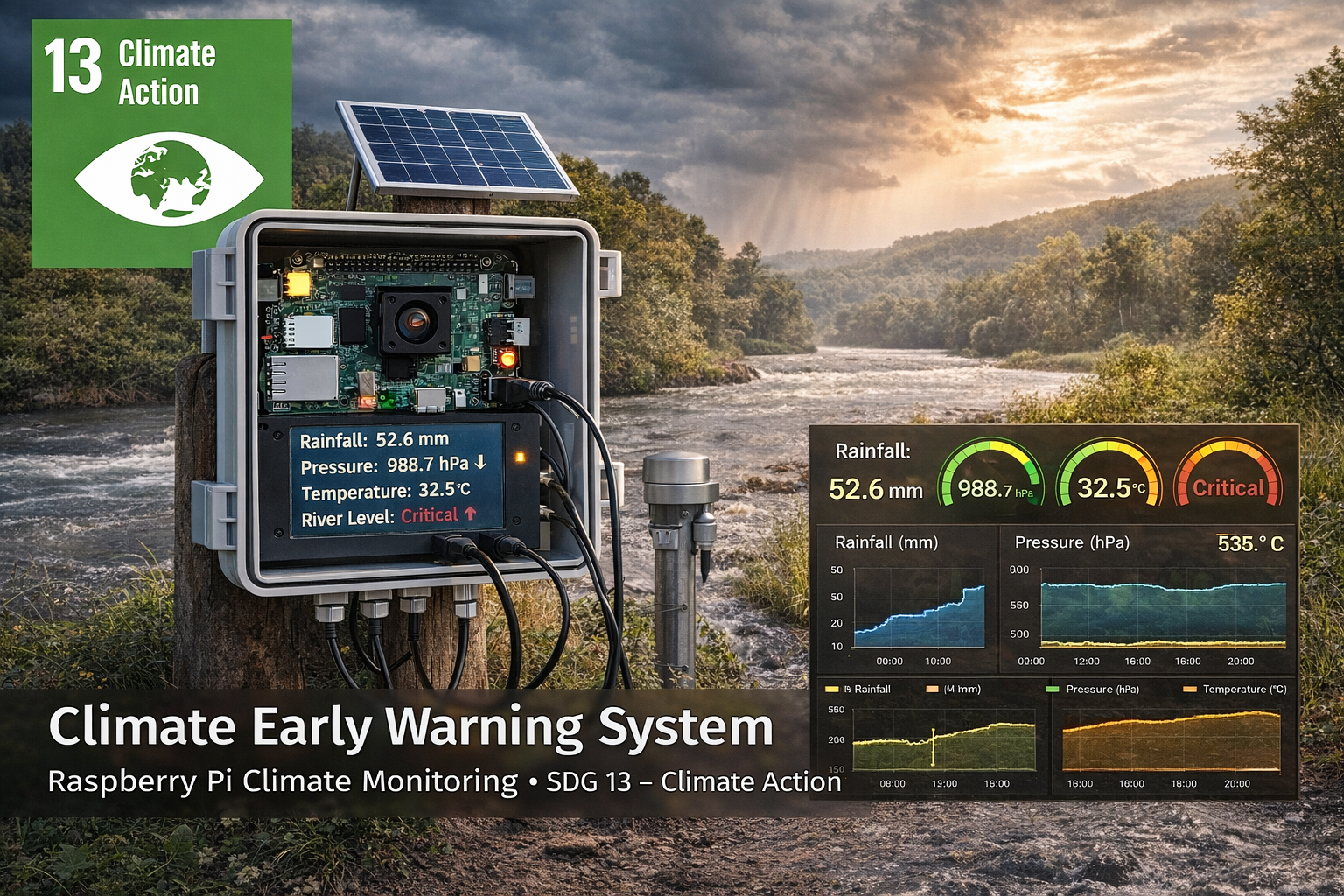 Raspberry Pi climate early warning system monitoring rainfall, atmospheric pressure, temperature, and river levels to detect extreme weather risks aligned with SDG 13 Climate Action.