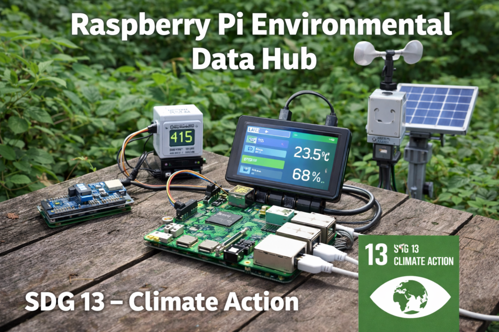 Raspberry Pi environmental data hub with climate and air quality sensors collecting local environmental data to support UN Sustainable Development Goal 13 Climate Action.