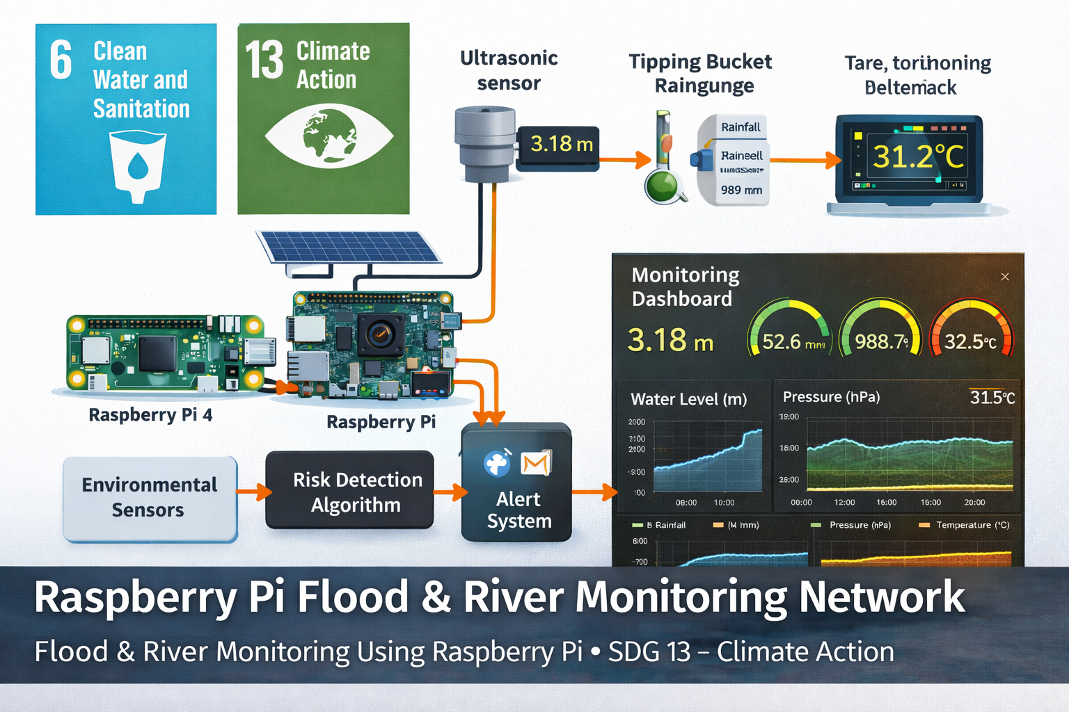 Architecture diagram of a Raspberry Pi flood and river monitoring network showing environmental sensors, water level measurement, rainfall monitoring, risk detection algorithms, and alert systems supporting SDG 6 and SDG 13.