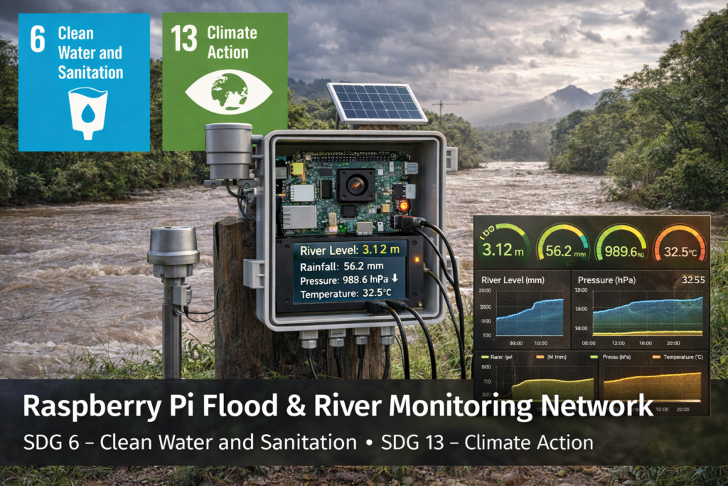 Raspberry Pi flood and river monitoring system measuring water levels and rainfall to support SDG 6 Clean Water and SDG 13 Climate Action.