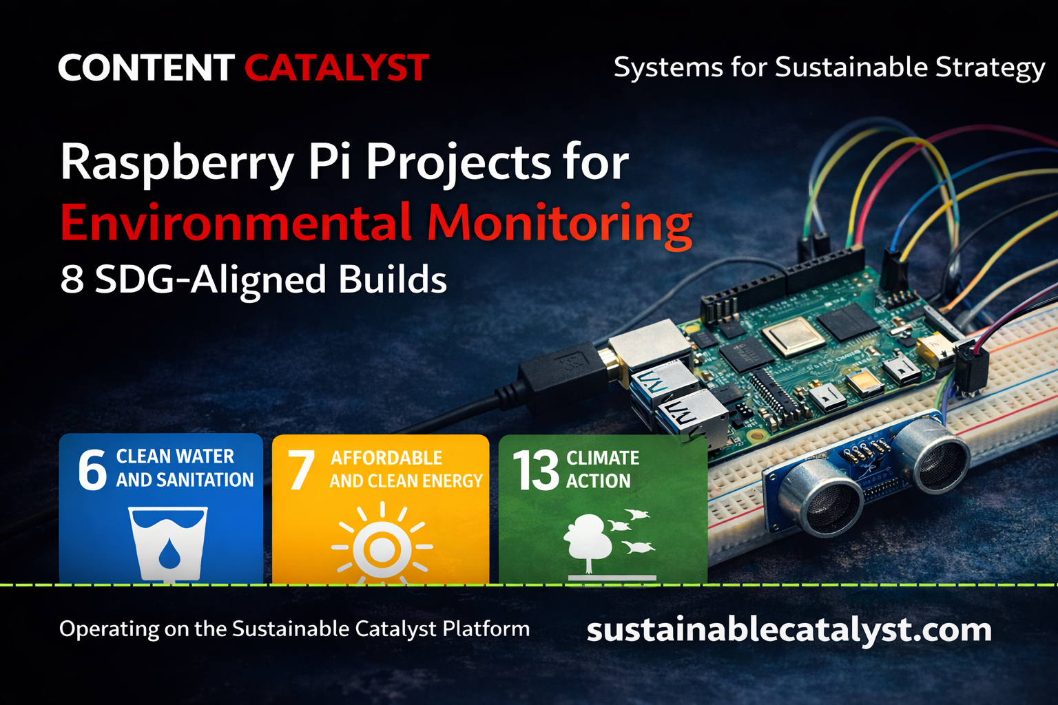Raspberry Pi environmental monitoring projects supporting climate monitoring, water systems, renewable energy, biodiversity research, and sustainable infrastructure aligned with the Sustainable Development Goals.
