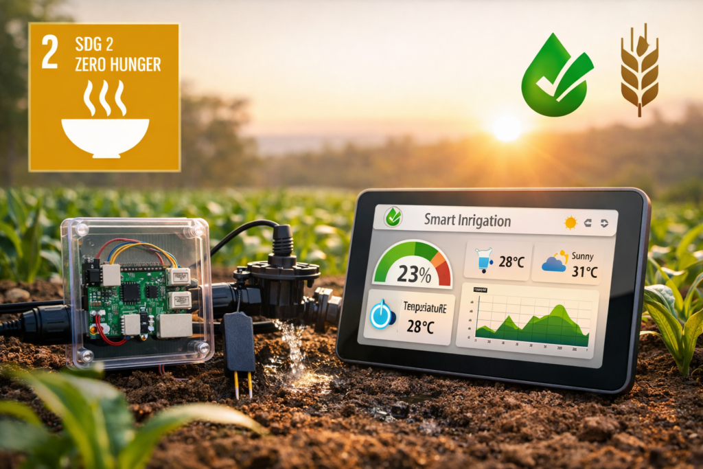 Raspberry Pi smart irrigation controller monitoring soil moisture and crop conditions to support sustainable agriculture and SDG 2 Zero Hunger.