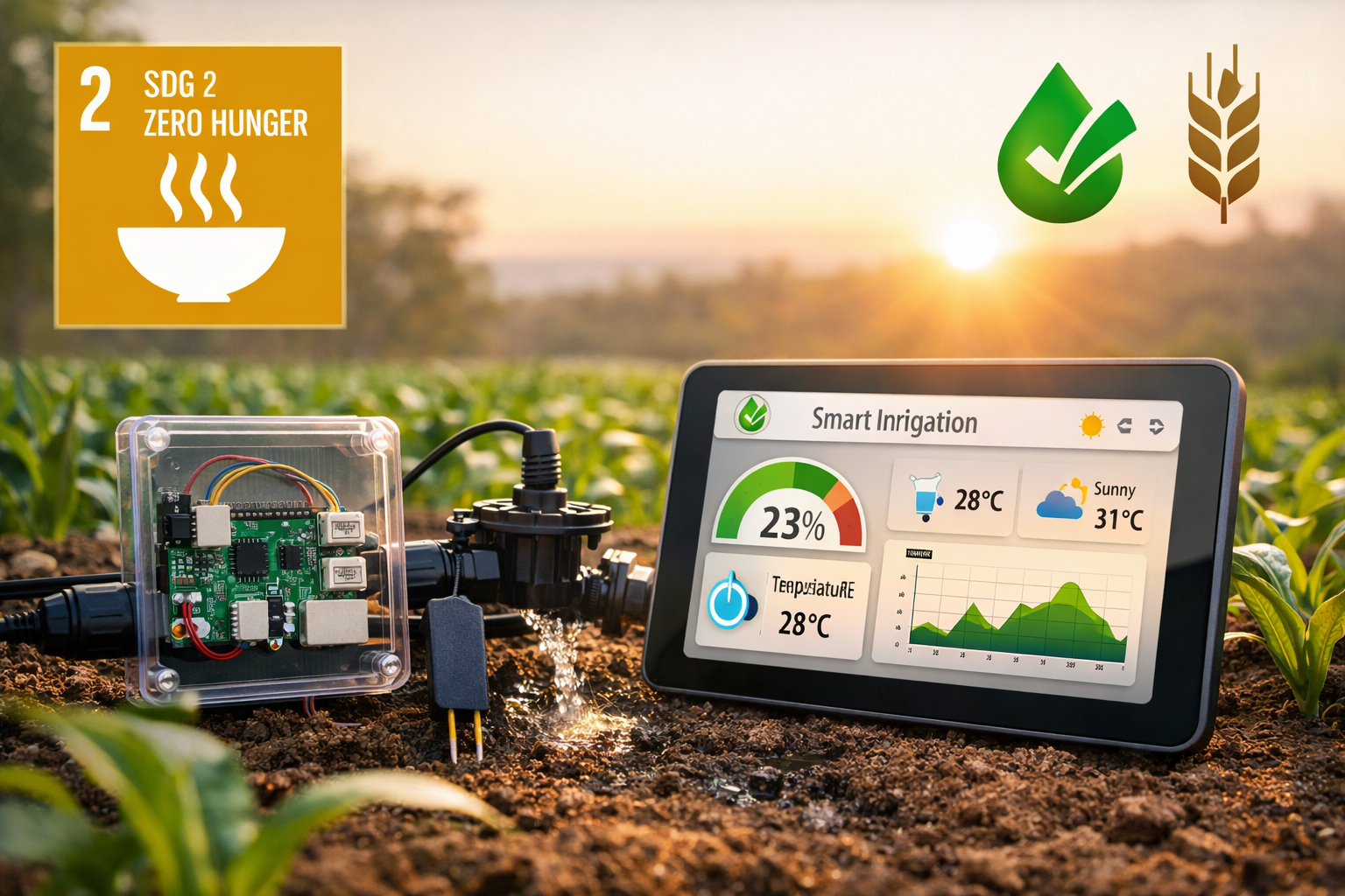 Raspberry Pi smart irrigation controller monitoring soil moisture and crop conditions to support sustainable agriculture and SDG 2 Zero Hunger.