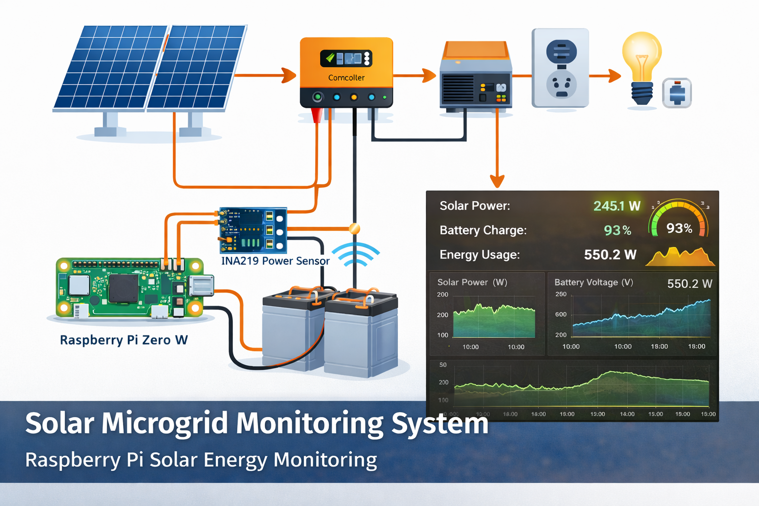 Solar microgrid monitoring architecture using Raspberry Pi to measure solar panel output, battery storage, and energy consumption.