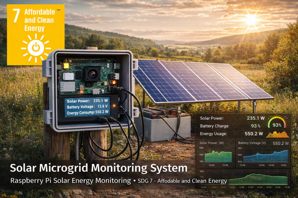 Raspberry Pi solar microgrid monitoring system measuring photovoltaic power generation and battery performance to support SDG 7 Affordable and Clean Energy.