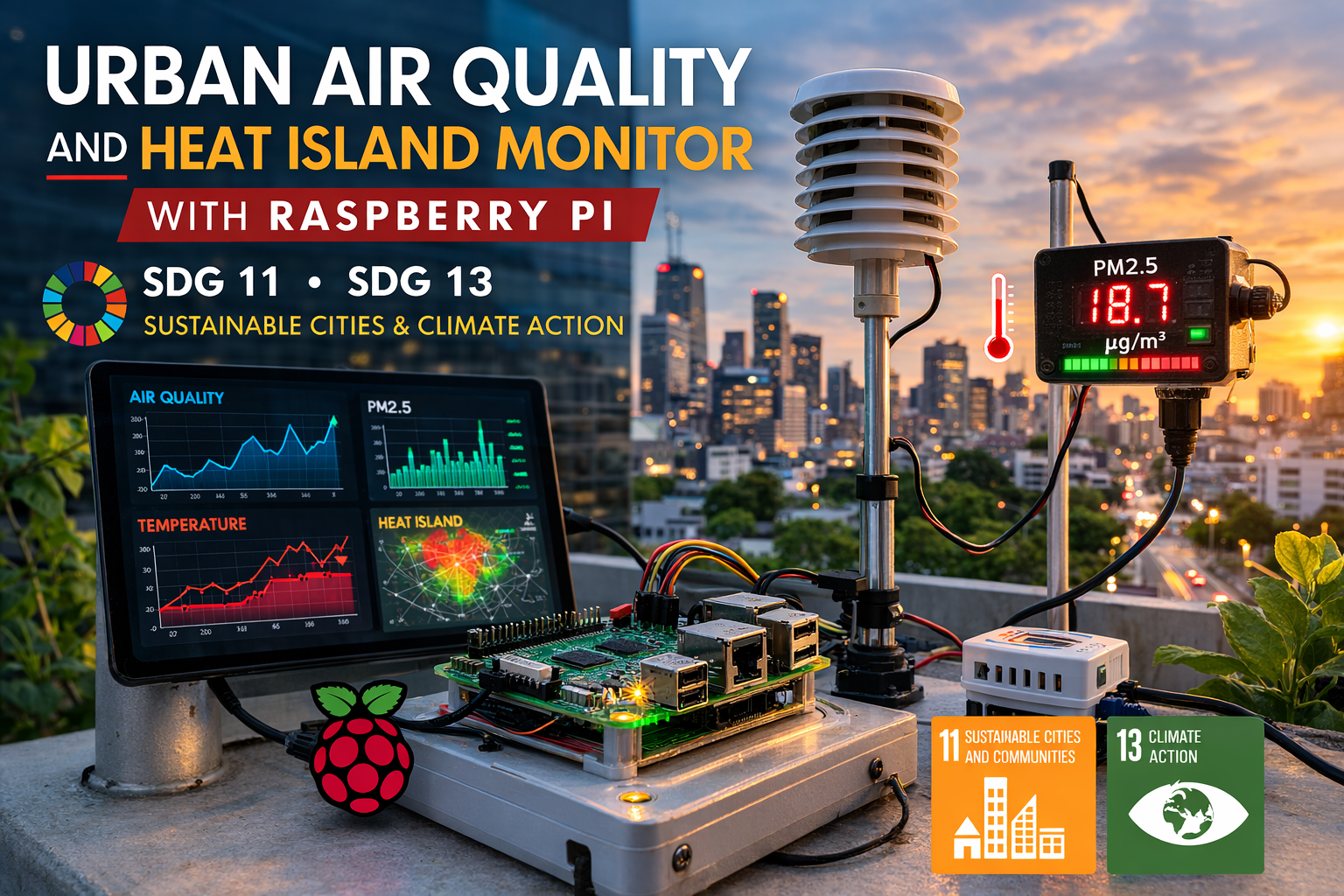 Raspberry Pi urban air quality and heat island monitoring station measuring PM2.5 pollution and temperature to support SDG 11 Sustainable Cities and SDG 13 Climate Action.