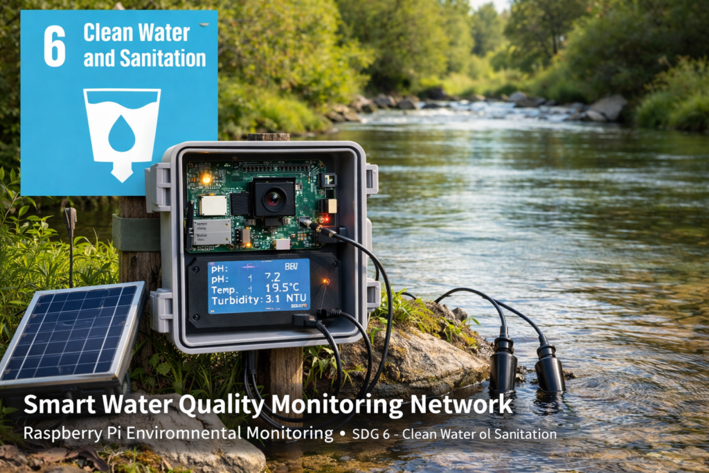 Raspberry Pi water quality monitoring station measuring pH and turbidity in a river to support SDG 6 Clean Water and Sanitation.