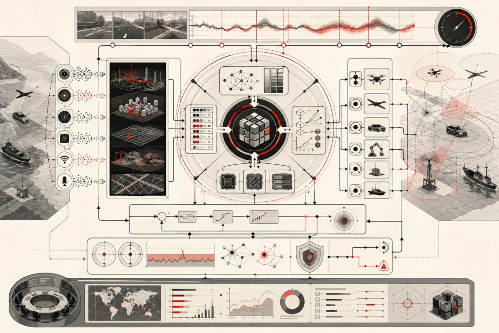 Abstract editorial illustration showing a real-time AI system with sensor inputs, perception and inference layers, scheduling flows, control loops, edge-compute modules, autonomous agents, safety envelopes, fallback pathways, monitoring panels, and governance oversight.