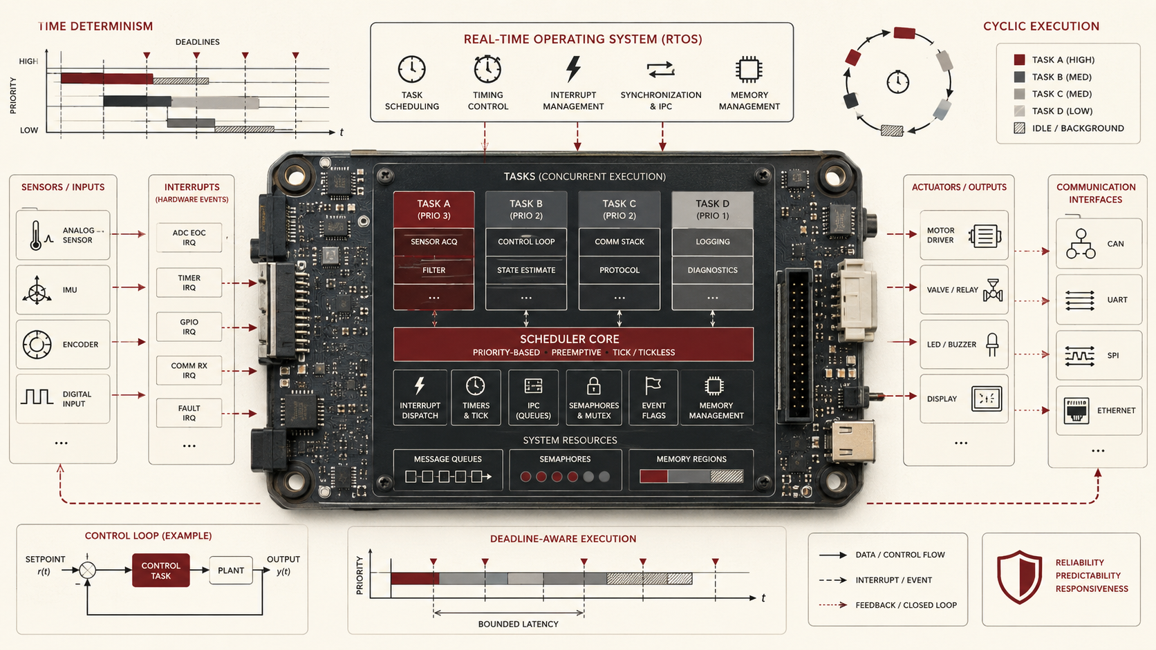 Technical systems illustration of a real-time operating system coordinating task scheduling, interrupts, timing control, memory management, sensors, actuators, and communication interfaces in an embedded controller.