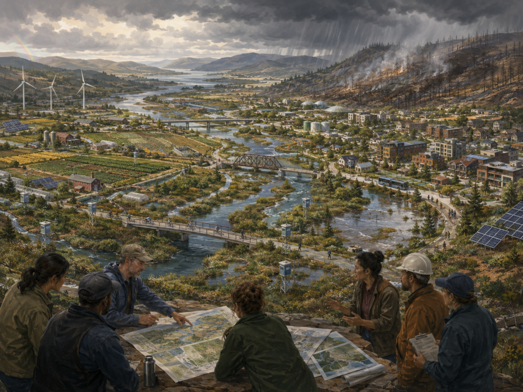 Panoramic systems illustration of a resilient town, wetlands, farms, bridges, renewable energy, water infrastructure, transit routes, and planners designing overlapping system supports.