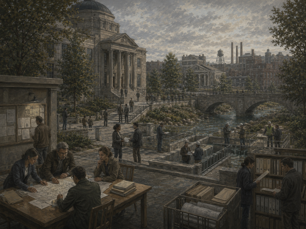Restrained civic illustration of regulatory oversight, public records, inspectors, planners, and institutional buildings along a shared urban waterway.