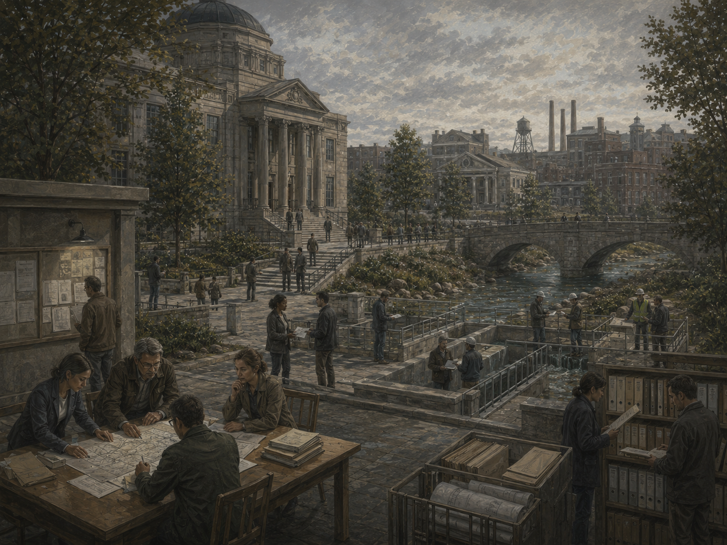 Restrained civic illustration of regulatory oversight, public records, inspectors, planners, and institutional buildings along a shared urban waterway.