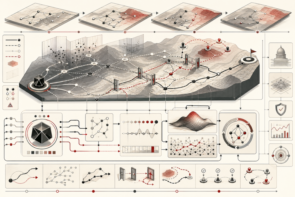 Abstract editorial illustration showing reinforcement learning as an agent interacting with a changing environment through state transitions, action pathways, reward feedback loops, value surfaces, policy updates, safety gates, and governance checkpoints.
