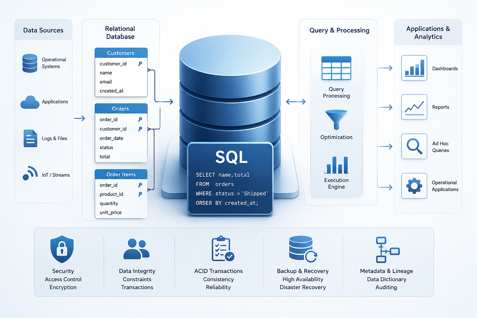 Conceptual data-systems illustration showing relational tables, SQL queries, database processing, data sources, applications, analytics outputs, security, integrity, transactions, backup, and lineage.