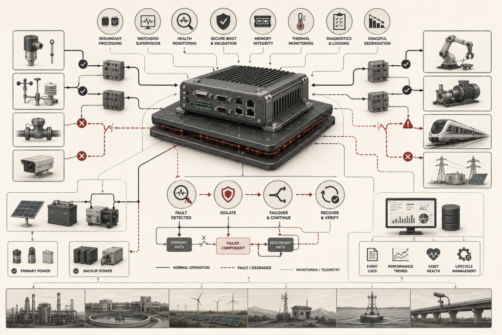 Institutional systems-research illustration of embedded device reliability, showing redundant paths, backup power, diagnostics, failover, recovery, and monitored physical infrastructure.