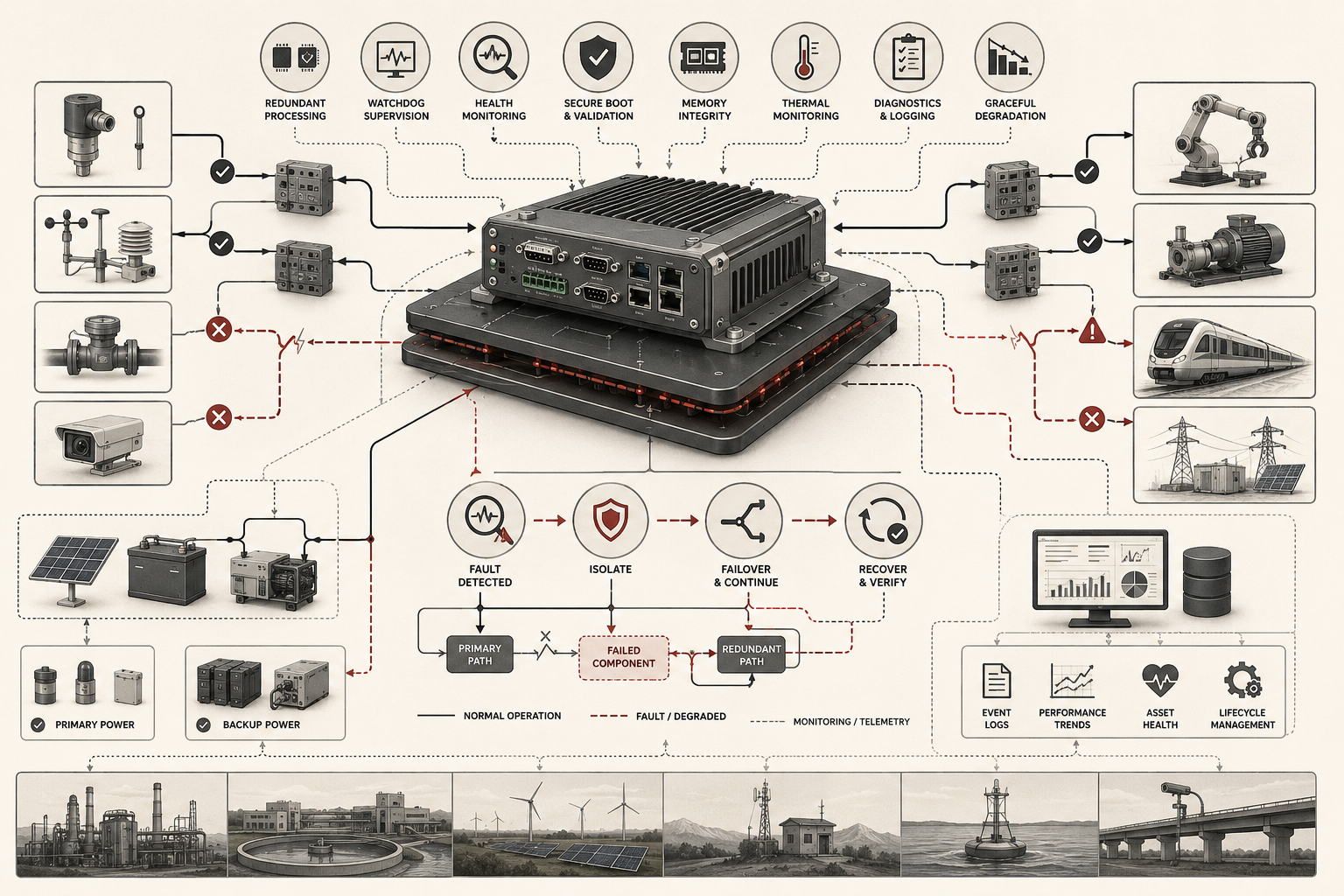 Institutional systems-research illustration of embedded device reliability, showing redundant paths, backup power, diagnostics, failover, recovery, and monitored physical infrastructure.