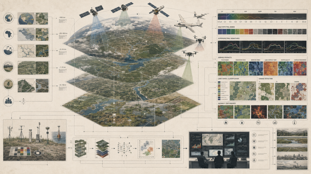 Remote sensing systems diagram showing satellites, aircraft, drones, nested map scales, spectral bands, field validation, change detection, and environmental monitoring workflows.
